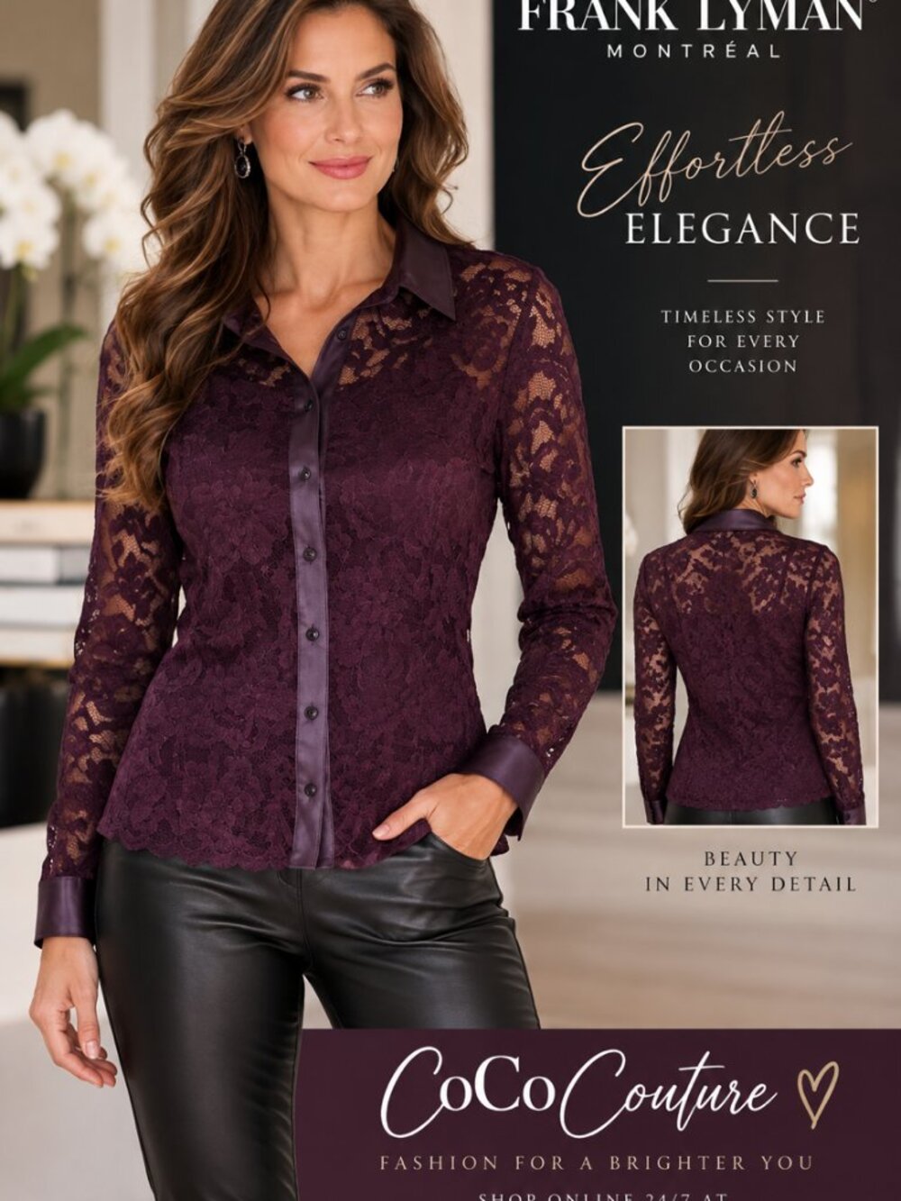 263401 Wine Lace Vegan Button Down top by FRANK LYMAN